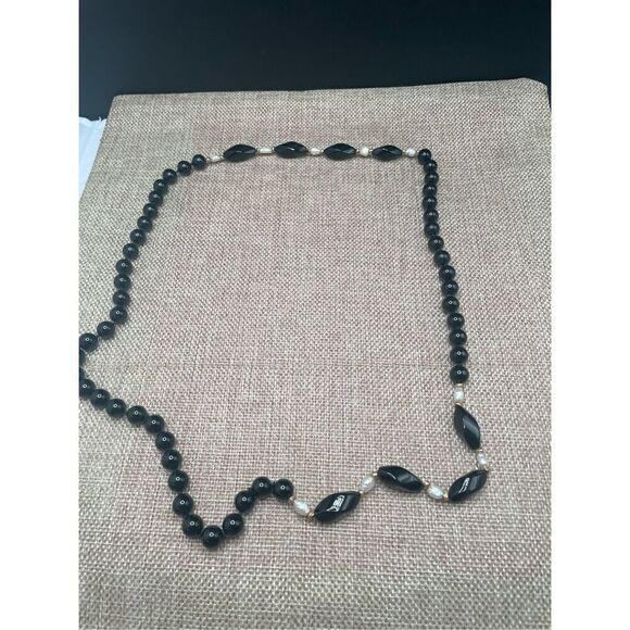 Black Onyx and Pearl Necklace Gold Rondelle Beads 15” Collections Gift Ideas - Picture 3 of 6